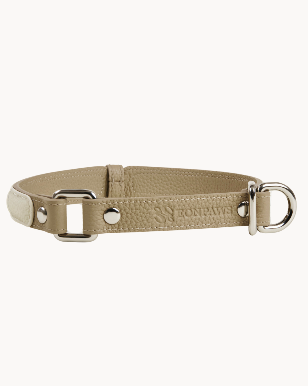 The elegant semi-P chain leather collar, made of premium-quality, soft, gentle, fur-friendly material, ensures all-day wear. Suitable for medium and large dogs.#color_Vanilla Taupe